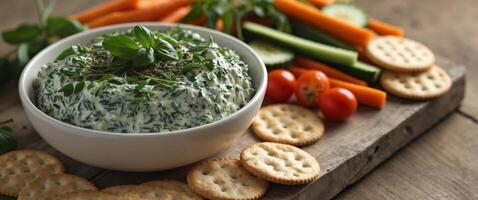 Spinach dip with crackers and vegetables photo