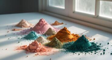 Colorful powder on a table in front of a window photo