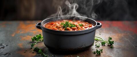 A pot of beans and vegetables is steaming on a wooden table photo