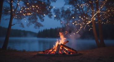 Serene lakeside campfire at twilight with warm fire glow and string lights illuminating the trees. photo