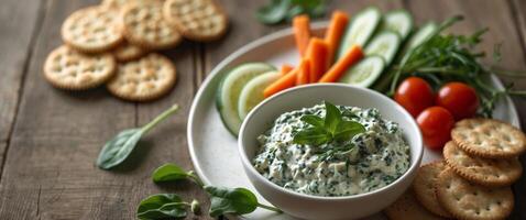 Creamy spinach dip with crackers and veggies photo