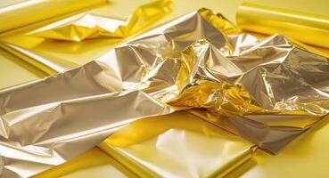 Golden foil and shinny wrapping paper bright yellow wallpaper background photo