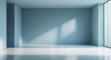 Empty Room with Large Window and Blue Textured Walls photo