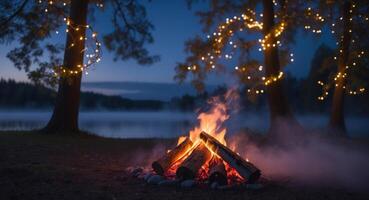 Serene lakeside campfire at twilight with warm fire glow and string lights illuminating the trees photo