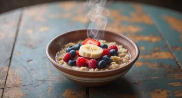 Colorful Bowl of Oatmeal Topped with Banana Slices and Fresh Berries on a Wooden Table photo