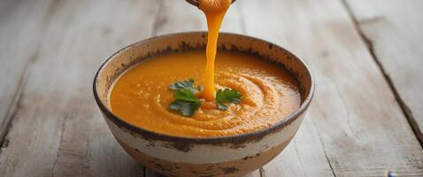 Aromatic Orange Soup in Rustic Bowl on Wooden Table photo