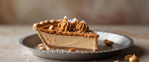 Delicious chocolate peanut butter pie with creamy filling and crunchy topping. photo