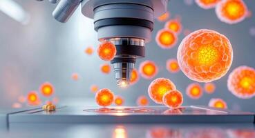 Glowing Orange Cells Under Microscope in Modern Laboratory Setting. photo