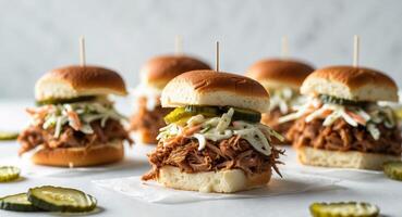Pulled Pork Sliders with Coleslaw and Pickles photo
