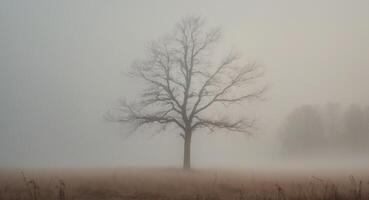 Fog covering a field with a bare tree during an autumn morning photo