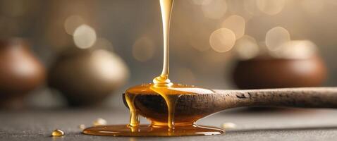 Golden Honey Dripping from Wooden Spoon with Glowing Light and Reflections in a Tranquil and Inviting Setting photo