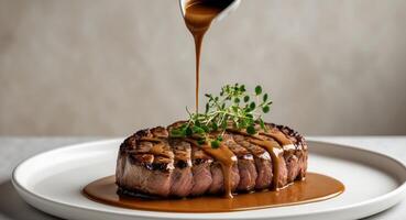 Grilled steak with sauce and herbs on a plate photo