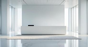 Bright office lobby with white reception desk photo