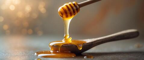 Golden Honey Dripping from Wooden Spoon with Glowing Light and Reflections in a Tranquil and Inviting Setting. photo