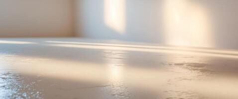 A white table with a white floor and a window photo