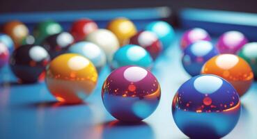 Billiard balls on a table with colorful balls photo