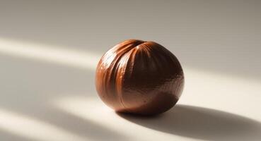 Roasted hazelnut resting on a neutral background showcasing its rich brown color and smooth texture photo