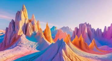 Abstract rocky formations with sharp peaks and textured surfaces in a colorful landscape photo