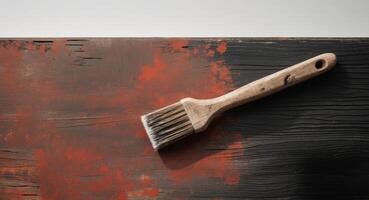 Artisan brush resting on a weathered red and black wooden surface showing strokes and texture photo