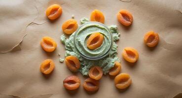Dried apricots stuffed with hemp seed paste on textured paper with empty space for text showing healthy snack concept. photo