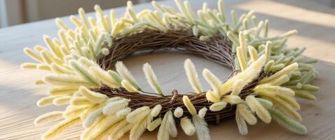 A wreath made of fake grass on a table photo