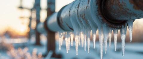 Ice on a pipe in the winter photo