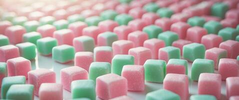 Pink and green cubed candies arranged closely together. photo