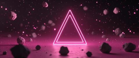 Neon triangle portal in pink space with asteroids photo