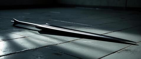 Spear or arrow with metal tip lying on a tiled floor in dramatic lighting. photo