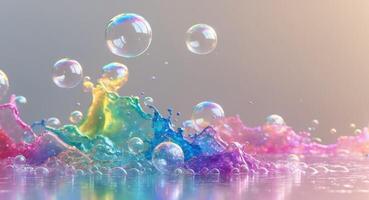 Colorful liquid pop abstract background with soap bubbles. photo