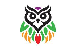 Stylized Tribal Owl Illustration with Colorful Feathers in Bold Design vector