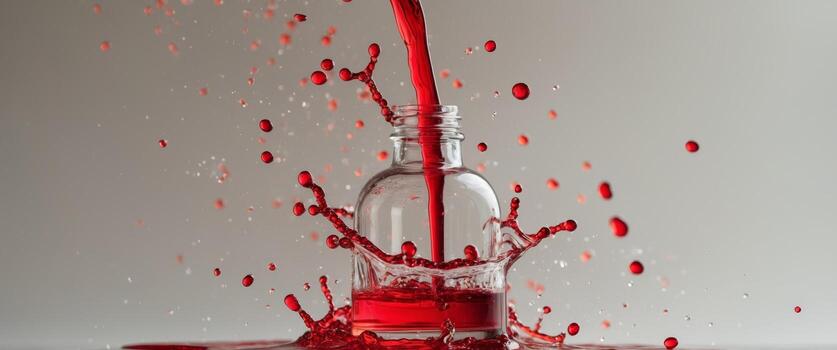 Red liquid splashing from bottle creating dynamic visual effect photo