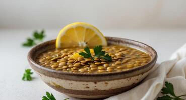 Hearty Lentil Soup with Lemon and Parsley in Rustic Brown Bowl. photo