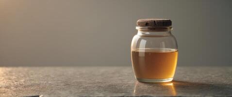 Honey Jar Resting on Granite Table with Soft Glow. photo