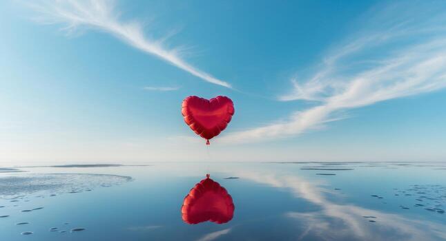 Red heart shaped balloon floating in water puddle reflecting the sky with clear empty space for text or logos. photo