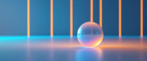 Glowing Sphere of Abstract Form on Blue Surface with Orange Light Strips in the Background. photo