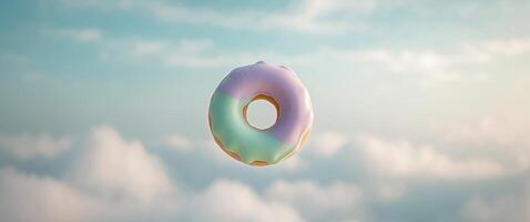 Levitating Pastel Donut Floating in Dreamlike Sky Backdrop photo