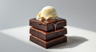 A decadent brownie stack topped with melted chocolate and a scoop of vanilla ice cream on top. photo