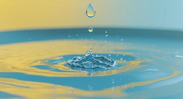 A water drop splashed in blue water in yellow colored background photo