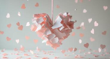 Happy Valentine's Day Heart Made of Torn Paper Surrounded by Floating Hearts on a Soft Background photo