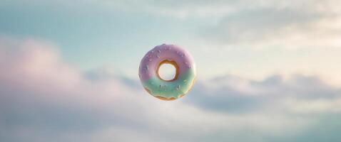 Levitating Pastel Donut Floating in Dreamlike Sky Backdrop. photo
