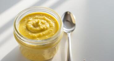 Freshly prepared mustard sauce in a small glass jar with a spoon photo