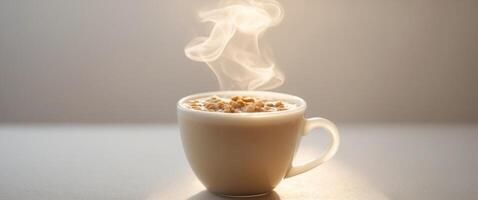 Steaming Oatmeal Latte in Soft Focus with Morning Sunlight photo