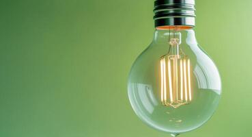 Glowing Light Bulb on Green Background Idea Concept photo
