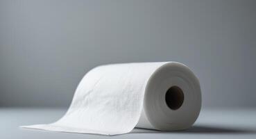 Single Roll of White Paper Towels on a Soft Gray Background photo