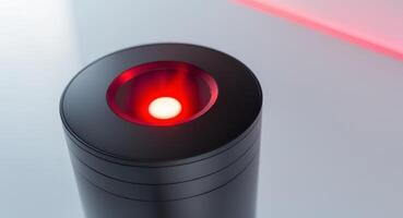 Black Cylindrical Device with Red Light on White Surface. photo