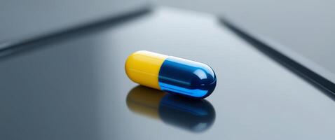close up of a glossy blue and yellow pill capsule on reflective surface representing healthcare and medication with space for text. photo