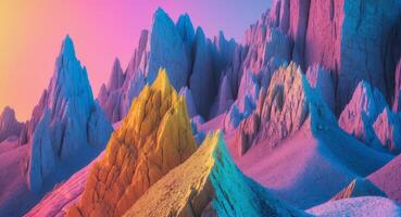 Abstract rocky formations with sharp peaks and textured surfaces in a colorful landscape. photo