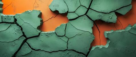 Green cement wall texture with bright orange background and cracks highlights modern design photo