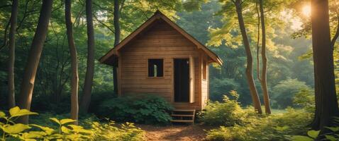 Wooden tree house nestled in lush summer woods with sunlight filtering through trees providing a serene outdoor backdrop for text placement photo